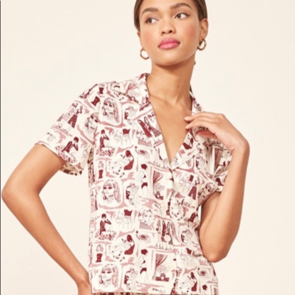 Reformation Short-sleeved button down top in comic strip print